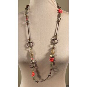 Coldwater Creek Long Necklace Coral Stone Rawhide Gold Tone Wood